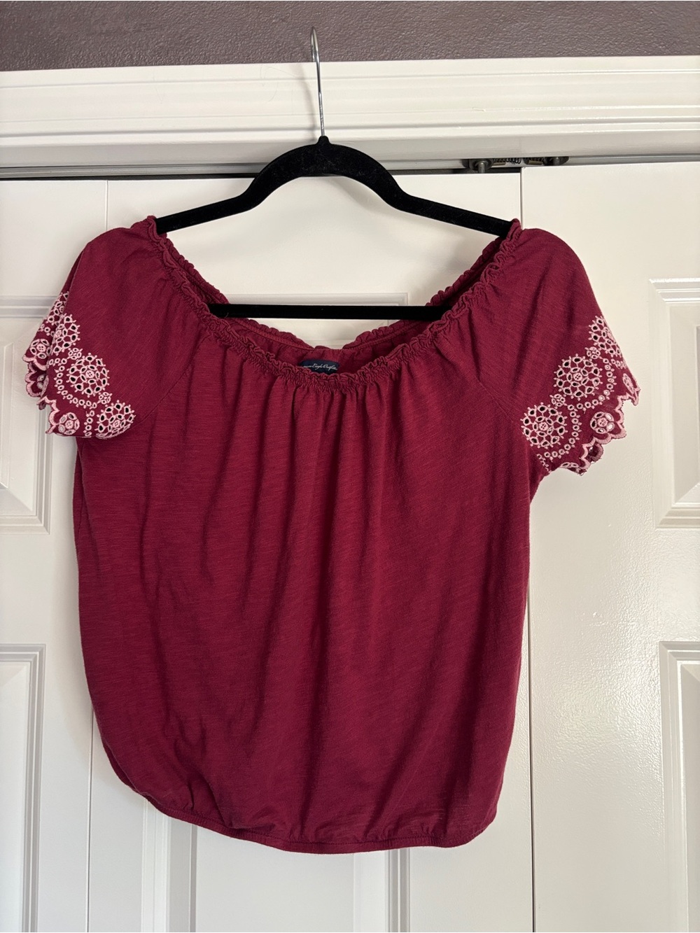 American Eagle Outfitters Burgundy Embroidered Sleeve Crop Top